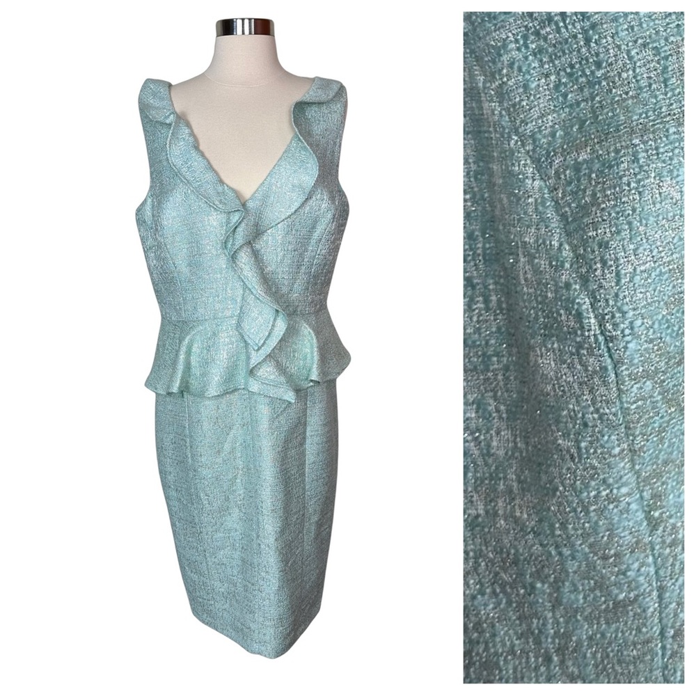 Badgley Mischka Mint Metallic Gold Tweed Sleeveless Ruffled Peplum Dress NWT 12